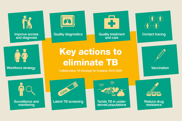 Infographic: Key actions to eliminate TB are as follows: Improve access and diagnosis, quality diagnostics, quality treatment and care, contact tracing, vaccination, reduce drug resistance, tackle TB in under-served populations, latent TB screening, surveillance and monitoring, workforce strategy.