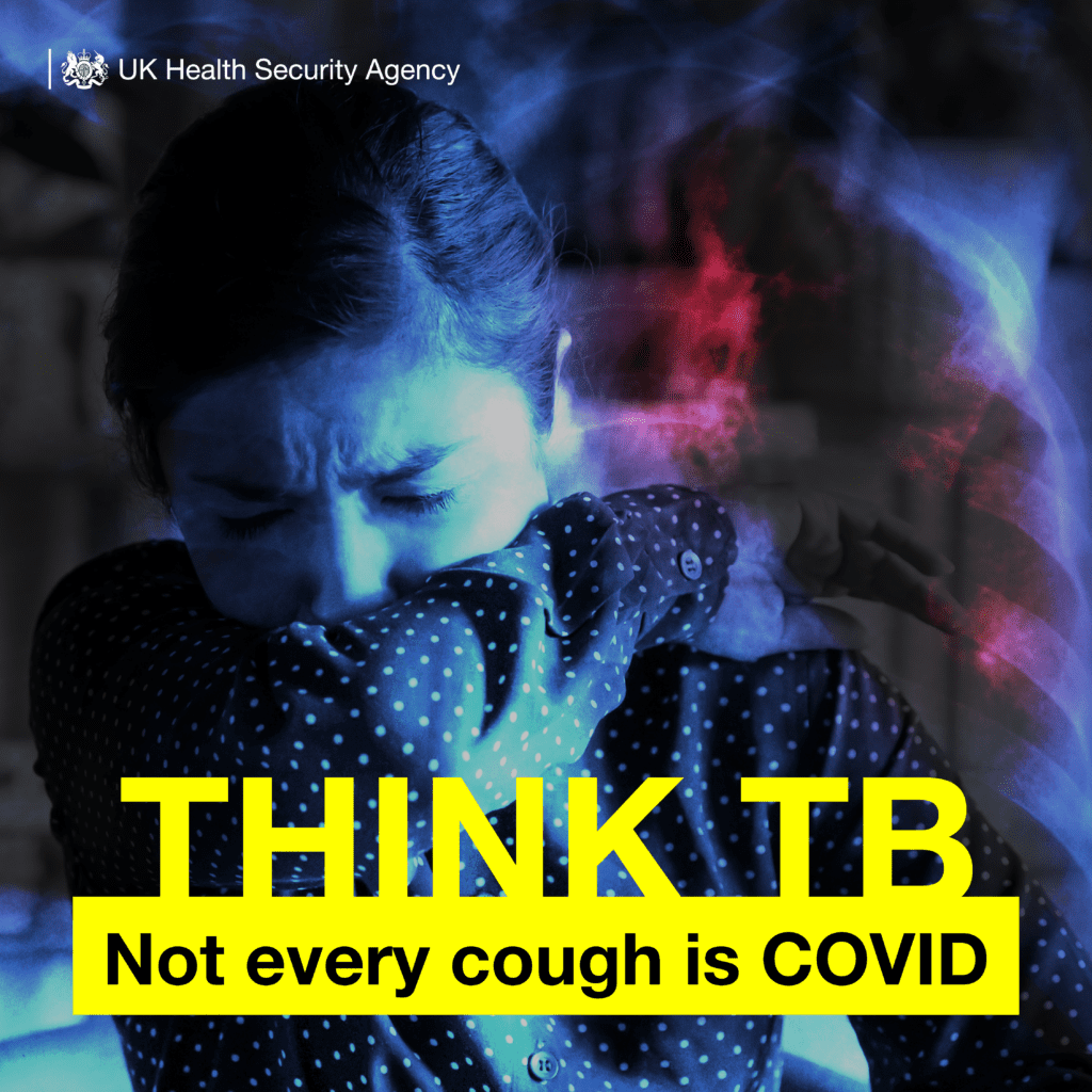 An image of a woman coughing with the words 'Think TB, not every cough is COVID' on the image