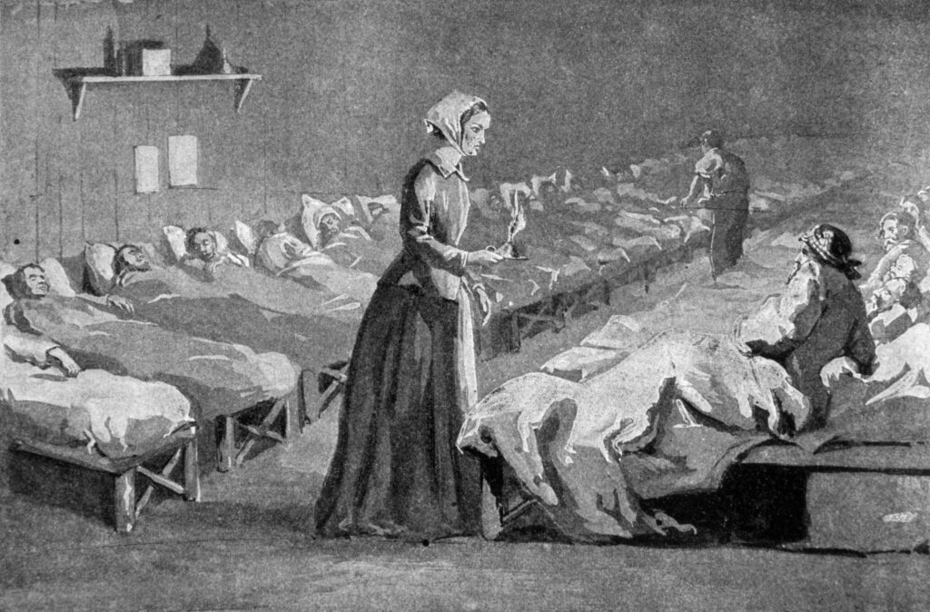 Florence Nightingale'nin (1820-1910), Kırım Savaşı sırasında Üsküdar'daki (Scutare) hastanede modern tıbbın öncüsü ve İngiliz hemşiresinin siyah beyaz görüntüsü, 1854-1856.