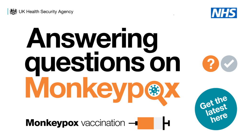 A white graphic with black and orange text reading: Answering questions on Moneypox vaccination.