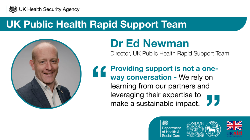 Uma foto do Dr. Ed Newman ao lado de uma citação que diz "Fornecer suporte não é uma conversa de mão única – contamos com o aprendizado de nossos parceiros e aproveitando sua experiência para causar um impacto sustentável."