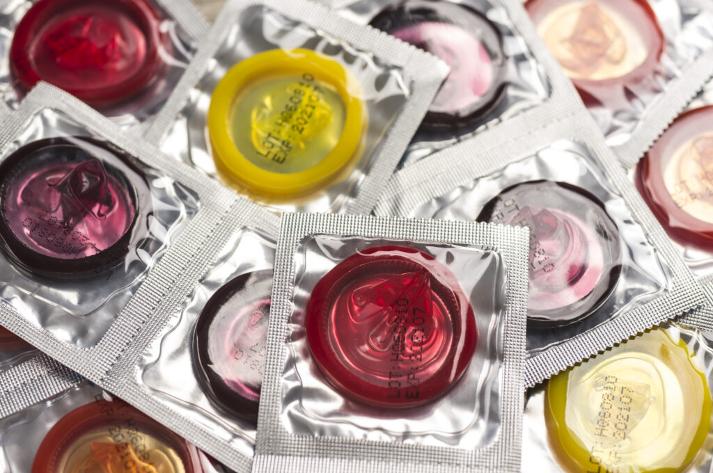 A selection of brightly colour condoms.