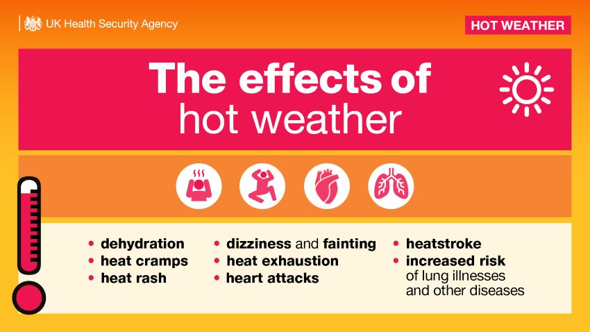 Los efectos del clima cálido: deshidratación, calambres por calor, sarpullido por calor, mareos y desmayos, agotamiento por calor, ataques cardíacos, golpes de calor, mayor riesgo de enfermedades pulmonares y otras enfermedades.