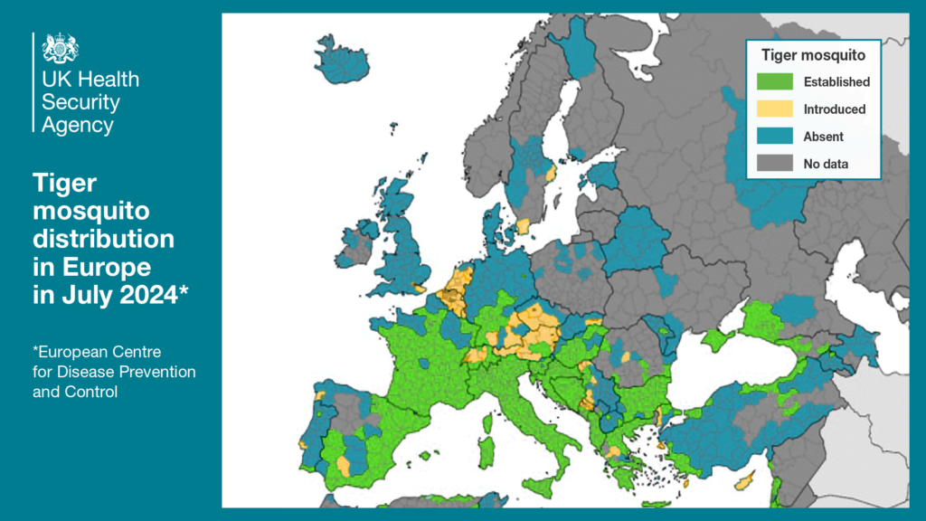 Map of the distribution of the tiger mosquito across Europe in July 2024