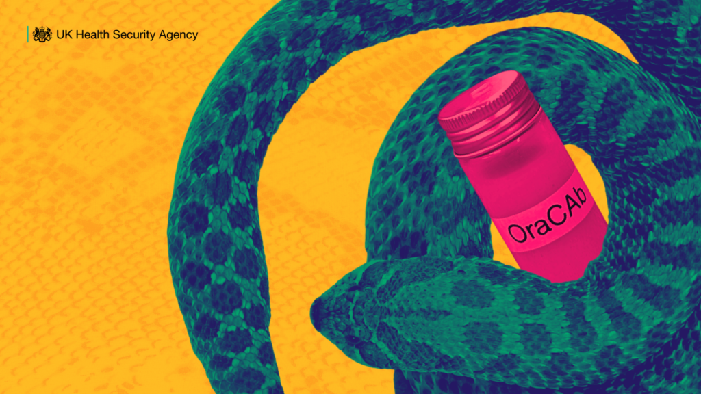 Brightly coloured illustration shows a snake curling around a bottle with the label 'OraCab'