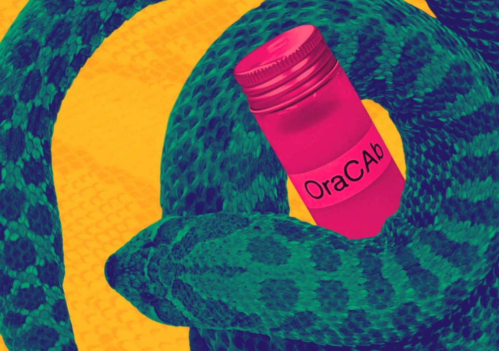 Brightly coloured illustration shows a snake curling around a bottle with the label 'OraCab'