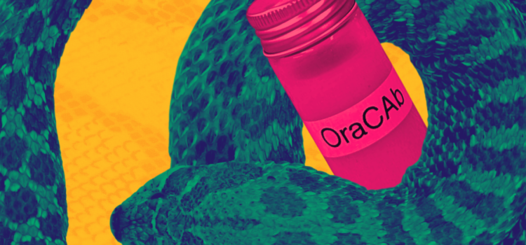 Brightly coloured illustration shows a snake curling around a bottle with the label 'OraCab'