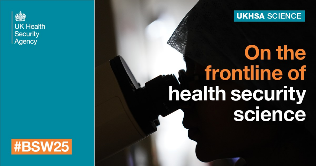 Text is overlaid on a silhouette of a woman looking into a microscope. Text reads: On the frontline of health security