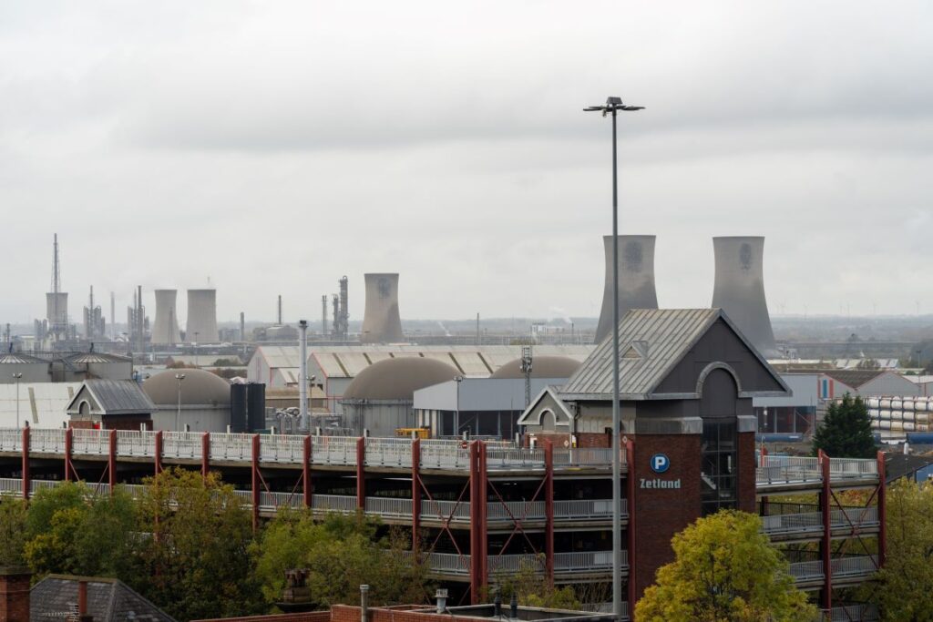 The skyline of Middlesbrough town centre, with industrial cooling towers in the background